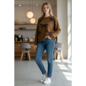 Pink Martini Horse Print Knit Sweater Brown Equestrian Crewneck Size S